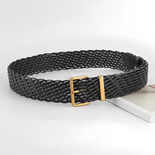 Women 1.8 Inches Braided Leather Belt with Gold Pin Buckle, Wide Hand Woven Design Waist Belt for Dress2