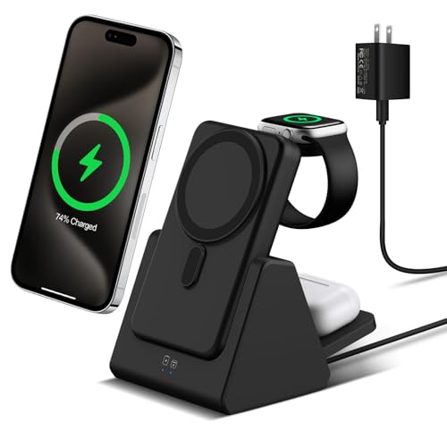 Mag-Safe-Charger-Wireless-Charging-Station-3-in-1-10000mAh-Portable-Power-Bank-Compatible-for-iPhone-1615141312-Series-and-Apple-Watch-Magnetic-Charging-Stand-Black Mag-Safe Charger Wireless Charging Station: 3 in 1 10000mAh Portable Power Bank Compatible for iPhone 16/15/14/13/12 Series and Apple Watch - Magnetic Charging Stand Black - Image 1