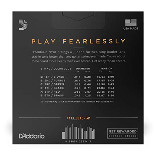D'addario Guitar Strings - Nyxl Electric Guitar Strings - Nyxl1046-3P - Unrivaled Strength, Tuning Stability, Enhanced Mid-Range - For 6 String Guitars - Made In The Usa - 10-46 Regular Light, 3-Pack #TOP1