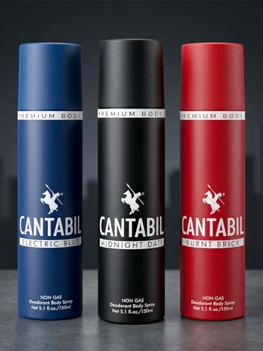 Image of Cantabil Electric Blue & Midnight Date & Burnt Brick Unisex No Gas Deodorant Body Spray | Combo Of 3 X 150ml With Lotus, Mint, Citrus | Perfume Deo For Men & Women | Rakhi Gift for Brother