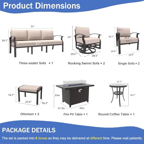 Image of Aluminum Patio Furniture Set with Fire Pit Table, 9 Seats Outdoor Patio Conversation Sets with Swivel Chair Modern Metal Sectional Sofa with Upgrade Cushions for Patio, Backyard - Sand