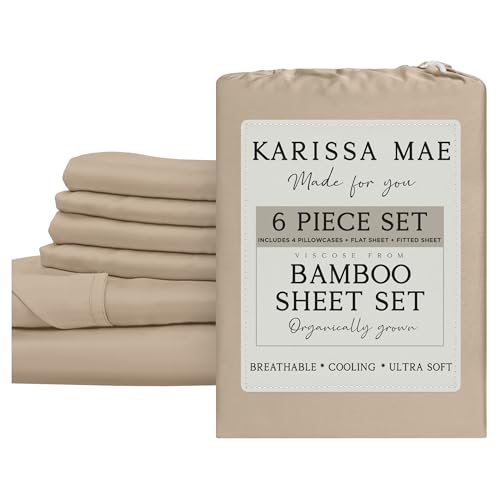 Image of KARISSA MAE 6 Piece Luxury Bamboo Viscose King Sheet Set, 4 Pillowcases | FSC Certified | Cooling | Ultra Soft | 18 inch Deep Pockets | Elastic Corner Straps | Includes Organizer Band [Wheat]