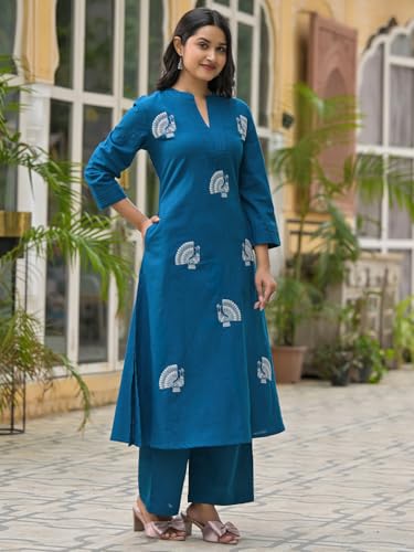 Image of INDO ERA Women's Pure Cotton Floral Embroidered A-Line Kurta & Palazzo Set (IEOUT11996)