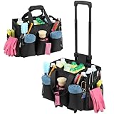 Housolution Rolling Cleaning Caddy Bag with Detachable Trolley, Professional Portable Large Cleaning Bag with Wheels, Wearable Cleaning Supply Bag on Wheels for Housekeepers, Black