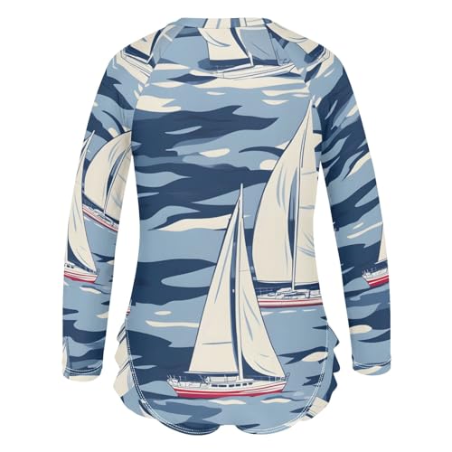 Girls One Piece Swimsuits Sailboat in Waves Pattern Beach Swimwear Long Sleeve Bathing Suit3