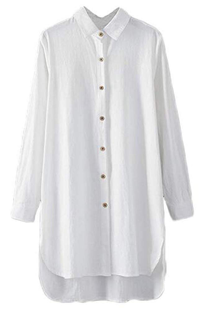 MinibeeWomen's Long Sleeve Shirts Button Down Blouse Cotton Tunic High Low Tops