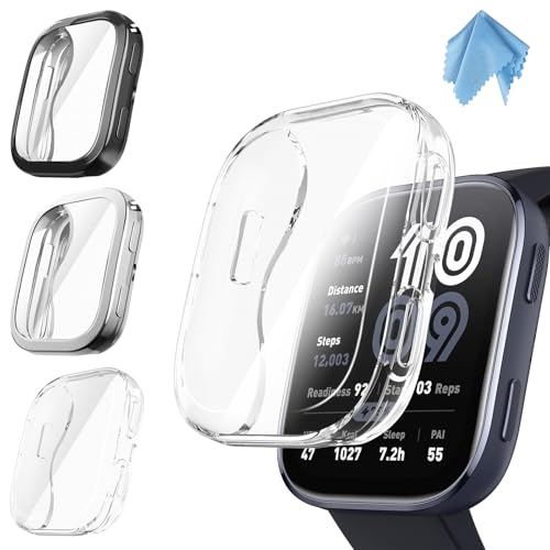 Fintie 3 Packs Screen Protector Case Compatible with Amazfit Bip 6 Soft TPU Plated Bumper Full Protective Cover Cases Scratch-Proof Black/Clear/Silver
