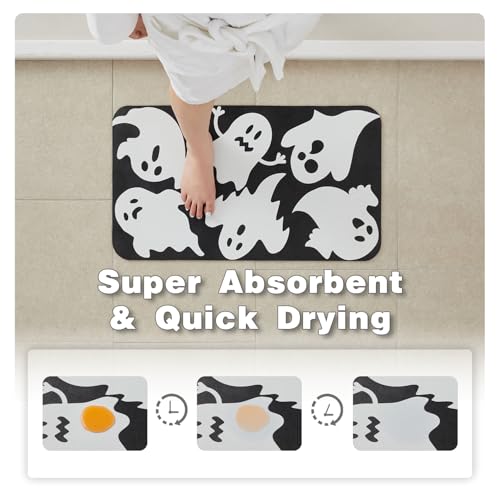 Halloween Bath Mat, Thin Halloween Bathroom Rug Non Slip Quick Dry Ghost Bath Mat Fits Under Door Thin Floor Mat Halloween Decor, 17''x30'', Ghosts Black