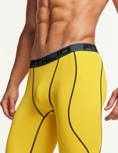 Athlio Men's Compression Pants Running Tights Workout Leggings, Cool Dry Technical Sports Baselayer, 3 Pack Utility Camo Black/Yellow/Brick, Large #TOP4