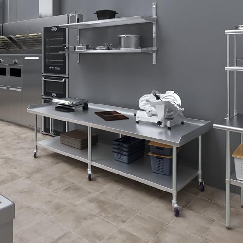 Image of AmGood Stainless Steel Equipment Stand with Undershelf + Casters, Heavy Duty, Commercial Grade, NSF Certified (30 inch Width x 96 inch Length + Casters)