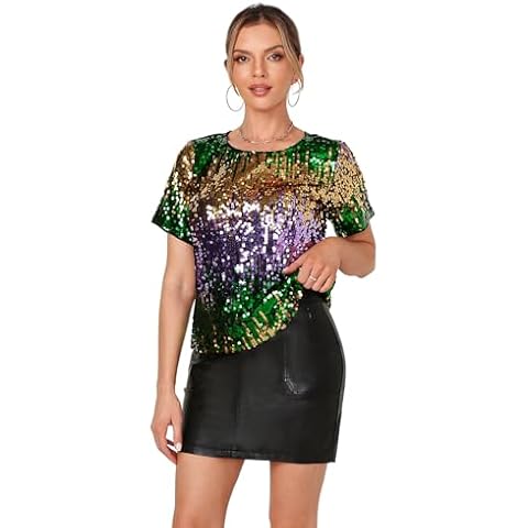 Yutuwomsfushi Womens Full Sequin Sparkle Tops Shimmer Glitter Round Neck Short Sleeve Shirt Summer Disco Party Tee Shirts Tunic Blouse Green+Gold+Purple XX-large Cover