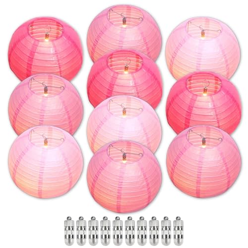 Image of Pink Chinese Paper Lanterns with LED Lights, 10-Pack 10inch | Hanging Lights for Wedding & Bridal Shower, Birthday Party Decorations, Ceiling Decor, Home Party, Baby Shower
