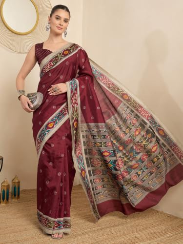 Image of AKHILAM Women's Cotton Printed Ready To Wear Saree With Unstitched Blouse Piece