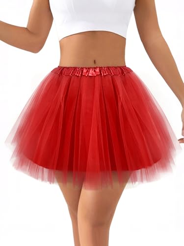 Ammiko Women Teens Tutu Adult 4 Layered Tulle Skirt Fluffy Dance Tutus Lined Elastic Halloween Costumes Running Party Red 4 Layer
