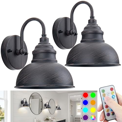 SLYWISE Industrial Battery Operated Wall Sconces Set of Two Wall Light Fixture with Remote, Indoor Not Hardwired Wall Mount Lamp for Bedroom Bathroom Vanity Light, Easy to Install, Batteries Included