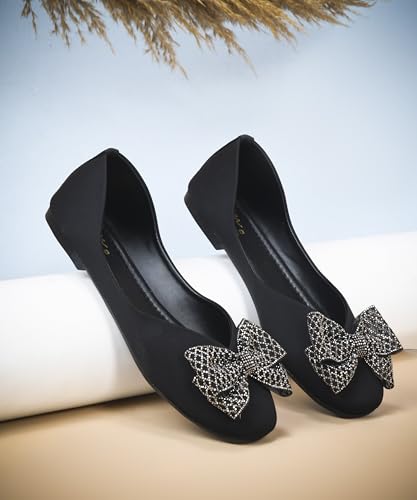 Image of JM LOOKS Sparkling Occasion Ballet Flats with Oversized Glitter Bow and Sleek Low Profile Design Silhouette