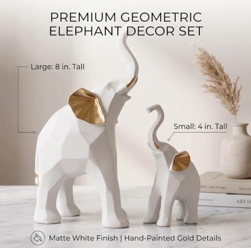 Image of Shri Balaji Caft White Resin Decorative Elephant Figurines Set of 2 | 20 cm Geometric Standing Elephant Showpieces for Home Decor | Housewarming Gift