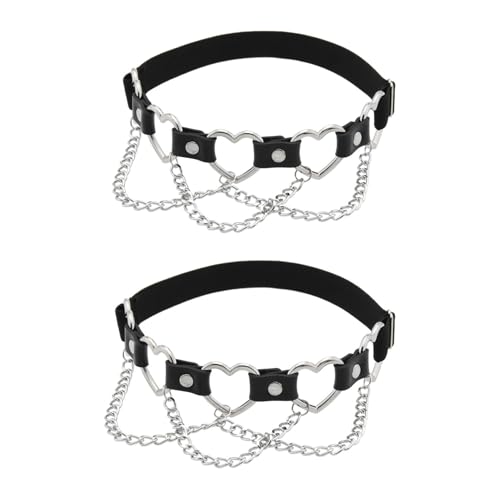 2PCs Faux Leather Leg Garter with Chains, Elastic Rock 5-Hearts Thigh Garters Belt for Women, Black