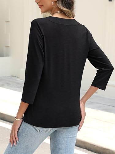 ORANDESIGNE Women's Button Down Shirts Summer 3/4 Length Sleeve Tops Basic Ladies Tees2