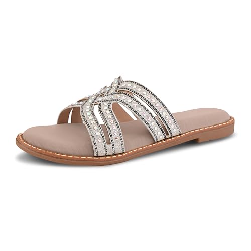 Image of Centrino Women's Beaded Flat Sandals| Open Toe Stylish Slip-On Sandals for Ladies | Metallic Crisscross Straps with Soft Cushioned Footbed for Comfort | Lightweight Casual Fashion Footwear (9305)