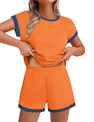 Image of Ekouaer Two Piece Sets for Women Summer Striped Lounge Set Vacation Outfit | Casual Cute Waffle Knit Tops Shorts Sets with Pocket for Travel, Jogging, Cruise, Beach, Airport