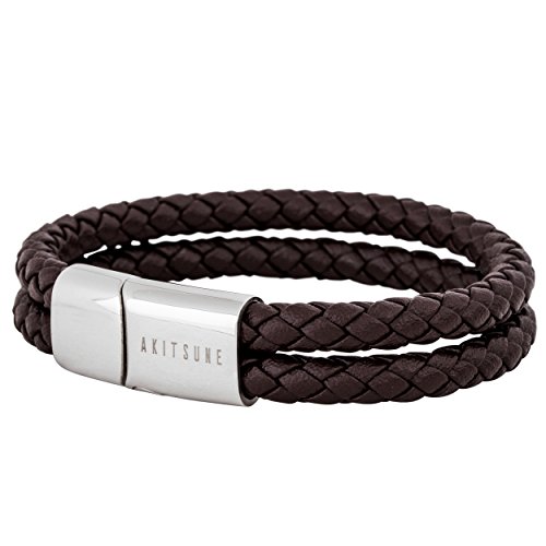 Akitsune Simplicitas Lederarmband | Magnetisch Premium Armschmuck Frauen Herren Geflochten Männer Handgefertigt Armband - Silber - Braun 21cm