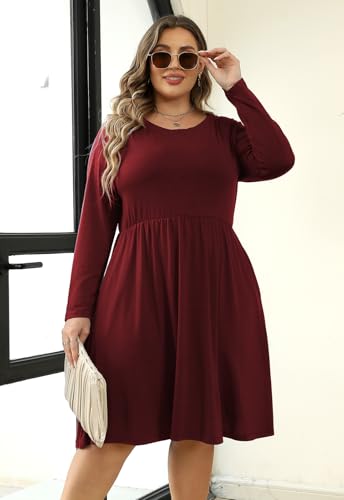 Image of Nemidor Women's Round Neck Long Sleeve Casual Plus Size Fit and Flare Midi Dress with Pocket NEM169