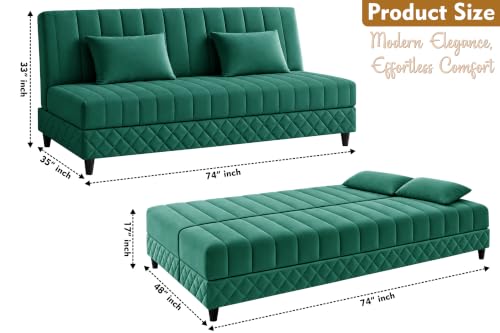 Image of 3-Seater Velvet Sofa Cum Bed | Tufted Convertible Sleeper Sofa | Plush Cushioned Seating | Space-Saving Design for Living Room, Bedroom & Office | Green