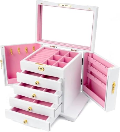 Elegancka drewniana szkatułka na biżuterię z 4 szufladami, zamkiem i lusterkiem – stylowy organizer z twardego drewna dla kobiet, idealna szkatułka na biżuterię i prezenty (kolor D) (E)