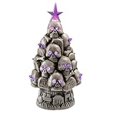 YSXSBLK Halloween Ceramic Skull Christmas Tree, Light-Up Skeleton Tree with Purple LED Eyes, Spooky Ceramic Halloween Decoration for Indoor Home, Living Room, or Office