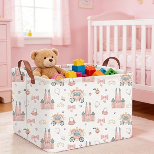 Image of Rectangular Princess Castle Basket,Collapsible girl storage box,Pink Basket,Gift Organizer,Girl Room Decor,Books Box(Princess)