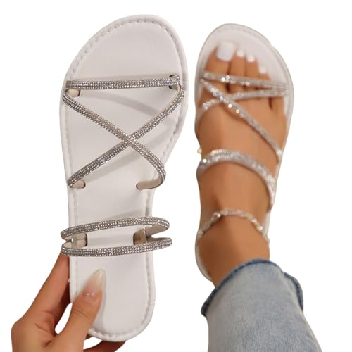 Women's Slide Sandals Summer Open Toe Flat Sandal Rhinestone Glitter Casual Fashion Slippers Slip On Sparkly Bling Flats