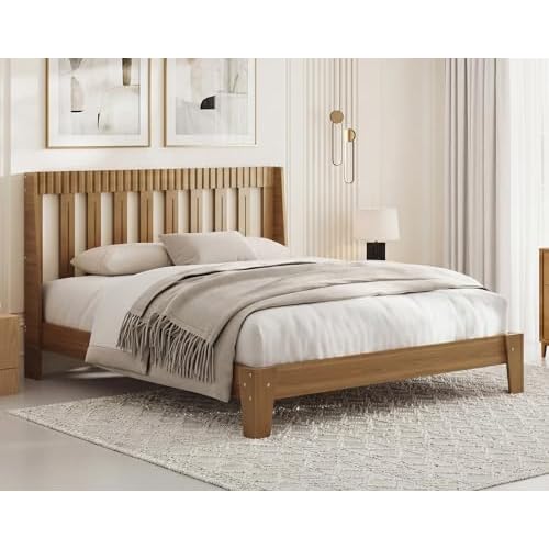 Queen Size Wood Bed Frame, Mid-Century Modern Platform Bed Frame with Fluted Headboard & Curved Wings, Noise-Free, No Box Spring Needed, Wood Slat Support, Easy Assembly, Honey Oak Honey Oak