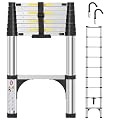 Telescoping Ladder 8.5 FT,Aluminum Lightweight Extension Ladder with 2 Triangle Stabilizers and 2 Detachable Hooks,Safety Lock Slow Down Design Collapsible Telescopic Ladder for Home Outdoor