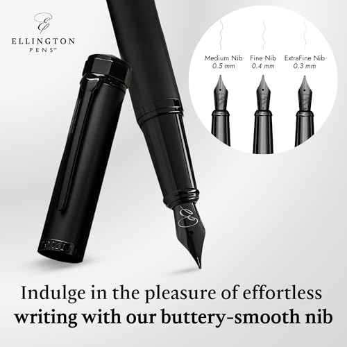 Image of Ellington Pens Luxury Fountain Pen Set - Extra Fine Nib - Includes 3 Ink Cartridges, Refillable Ink Converter, Gift Box - Fountain Pens For Writing, Calligraphy, Journaling, Sketching (The Stealth)