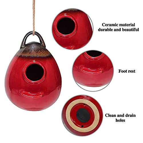 Kimdio Birdhouse Ceramic Hanging Birdhouses Bird Hut Hanging Outdoor Birdhouse for Wild Birds, Finch, Cardinal, and Bluebird - Red