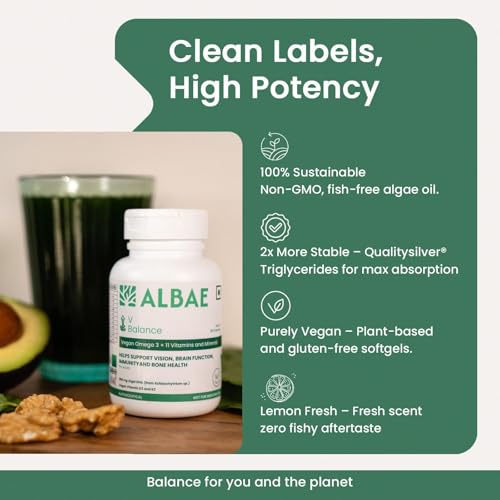 Image of Albae V-Balance | 250mg Algal DHA Omega-3 + 11 Essential Vitamins & Minerals | Targeted Nutrition for Vegetarian & Vegan Diets | Vitamin D3, K2, Calcium, B12 & Iron | 120 Lemon-Scented Softgels