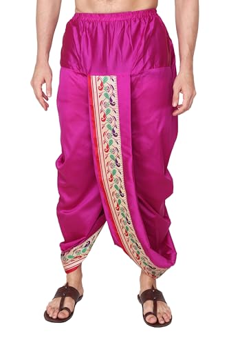 Image of Rameshwaram Fabrics Readymade Dhoti for Men, Velcro Style Stitched Mens Silk Dhoti Pant with Stole Set