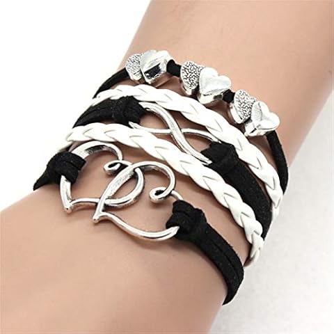 SJHFG Layered faux Leather Bracelet Colorful Retro Infinity Love Heart Beads Braided Wrist Chain Jewellery Party Gift for Women (Black) Cover