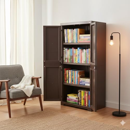 Image of Cello Novelty Big Bookshelf, Ice Brown | 2 Dustproof Doors | Space Saving Cupboard | Plastic Book Shelf | Multipurpose Book Shelf for Home, Office | Book Organizer for Library