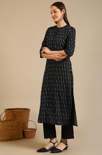 Image of Aurelia Women's Black Yarn Dyed Striped Straight Kurta