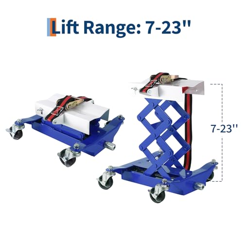 Image of Garvee Transmission Jack 450 LBS Capacity: Low Profile Lift with 2M Safety Straps & 4 Brake Wheels, 7-23 Inch Range for Car & Truck Repair (Blue)