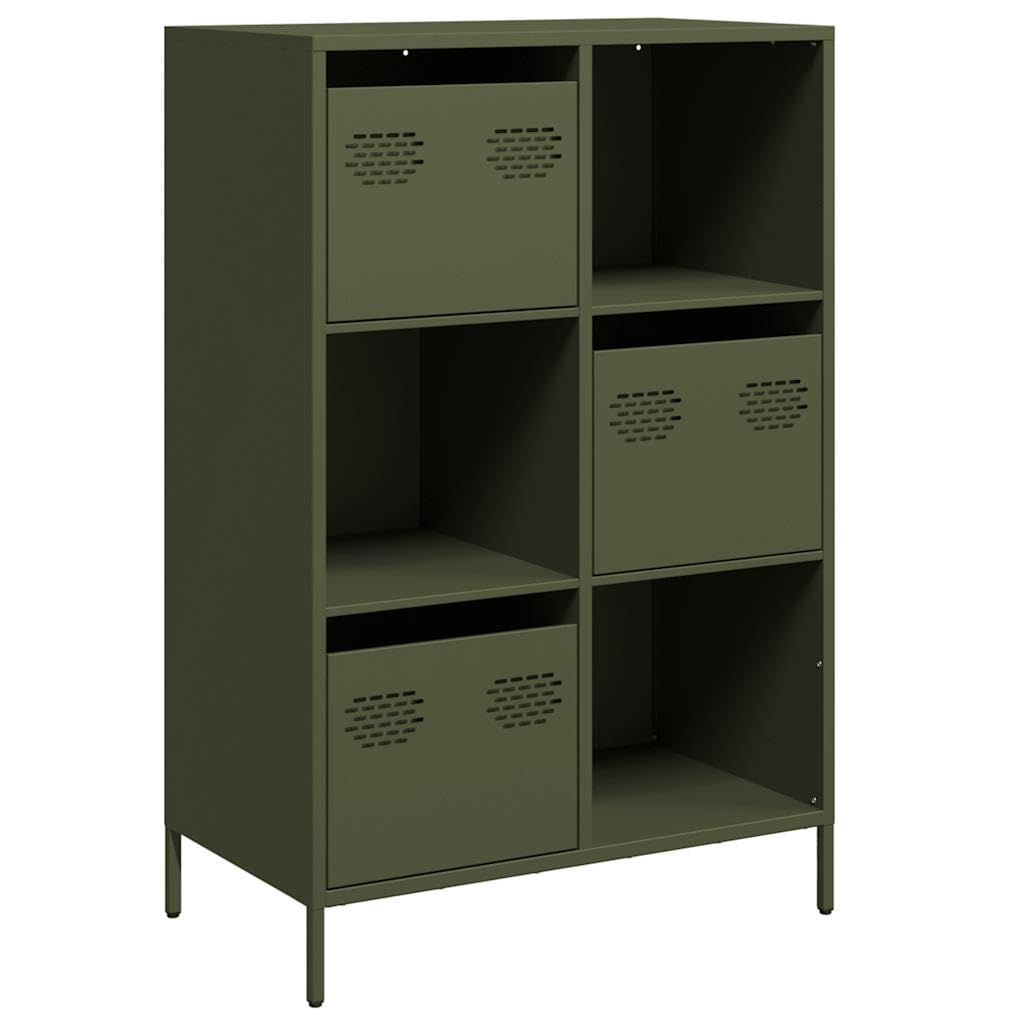 Wysoka komoda w kolorze oliwkowo-zielonym, ze stali walcowanej na zimno, 68 x 39 x 103,5 cm, z 3 szufladami i 3 przegródkami, uniwersalny kredens do salonu, kuchni i biura, łatwa w utrzymaniu