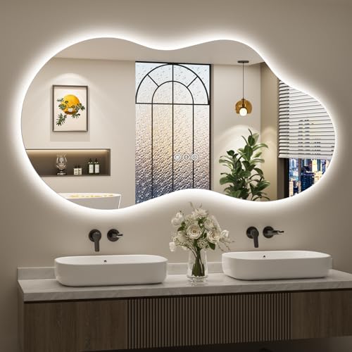 Image of 60x32 Inch Asymmetrical LED Bathroom Mirror with Lights, Backlit, Anti-Fog, Irregular Cloud Lighted Bathroom Vanity Mirror for Wall, Dimmable, 3 Colors, Memory, HD Tempered Glass