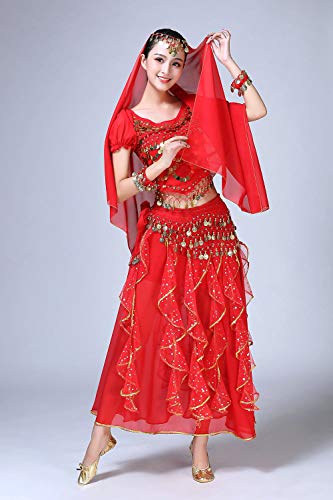 ORIDOOR Women Belly Dance Dress Indian Bollywood Halloween Costume Chiffon Skirts Shiny Belly Dance Suits 5-Piece Outfit, 004 Red, One Size - Thumbnail 5