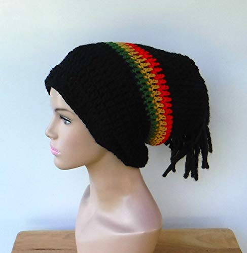 Handmade 2 in 1 Dread Tube or Slouchy Hat Dreadlocks Beanie with Open Back Black Tasta Tam Hat for Dreads Jamaica Irie