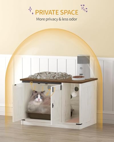 Cat Litter Box Enclosure, Hidden Litter Box Cabinet Furniture with Bell, Indoor Cat House, Farmhouse Style, 31.5 x 19.7 x 20.9Inches, for Hallway, Bedroom, Rustic Brown and White CB82414X