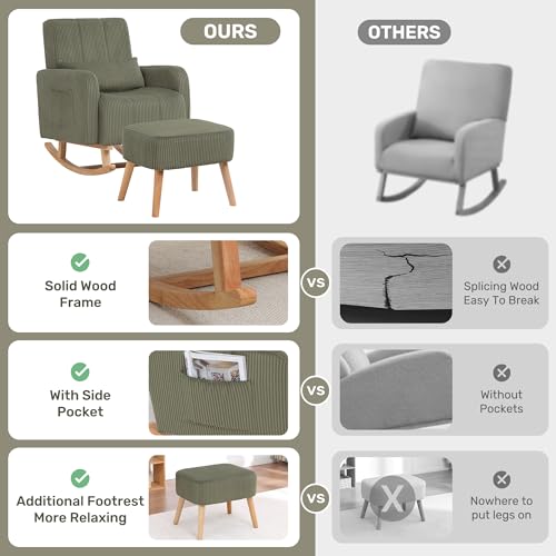 Image of HCHAIRH Rocking Chair with Ottoman, Upholstered Glider Rocker with High Backrest and Side Pocket, Corduroy Comfy Reading Chair with Solid Wood Legs for Nursery, Living Room,Bedroom Olive Green
