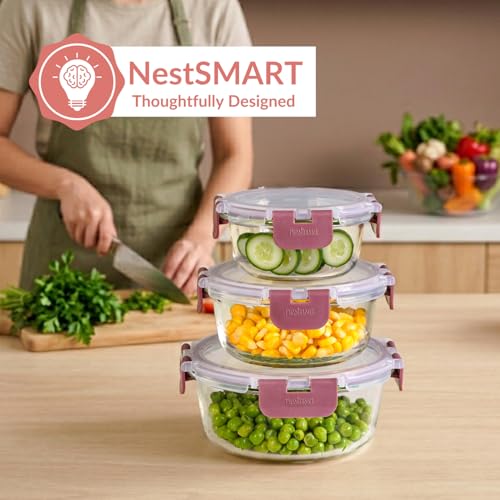 Image of Nestasia Nestro Airtight Glass Containers with Lid Set of 3 (215ml, 400ml, 600ml) | Spill Proof Round Glass Containers with Break Free Lock - Microwave, Dishwasher & Freezer Safe (Mauve)
