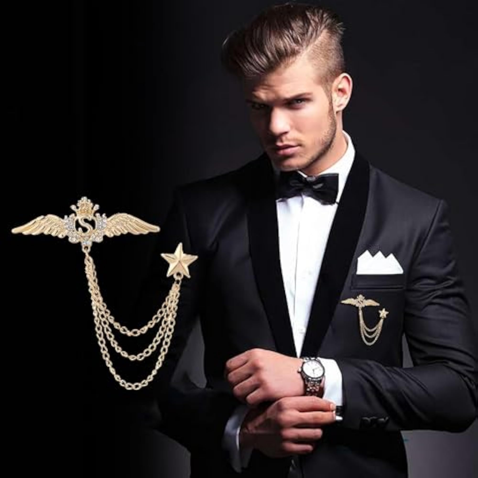Men's & Women's Suit Shirt Stud Lapel Pin with Crystal Chain